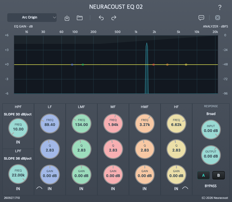 Neuracoust EQ 02의 실제 네이티브 편집기: EQ 그래프, 입력 분석기, 다섯 밴드와 두 필터